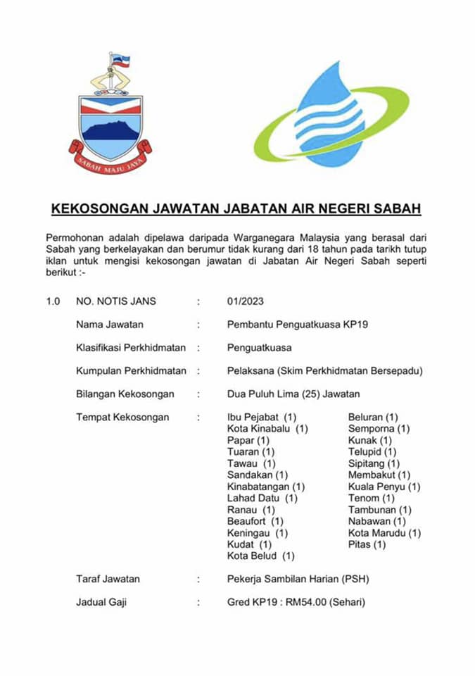 Iklan Jawatan Jabatan Air Negeri Sabah Jawatan Kosong Terkini