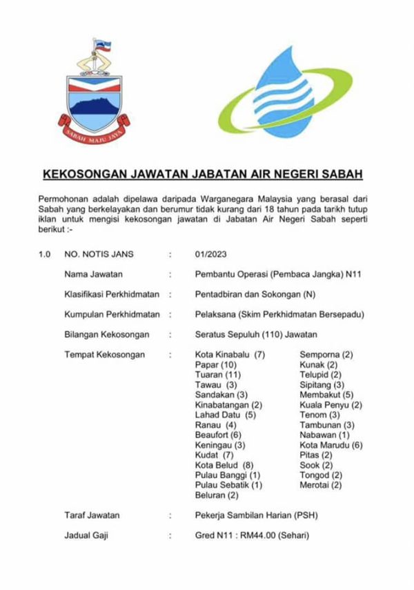 Iklan Jawatan Jabatan Air Negeri Sabah Jawatan Kosong Terkini