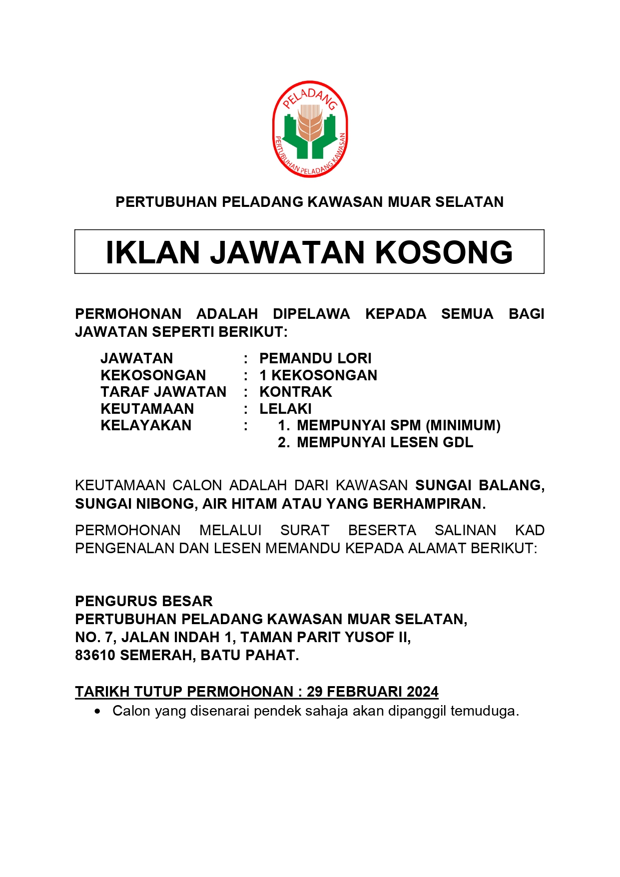 Iklan Jawatan Pertubuhan Peladang Kawasan Muar Selatan Jawatan Kosong