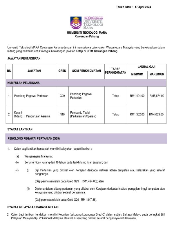 Iklan Jawatan Kosong Universiti Teknologi Mara Uitm Pahang Jawatan