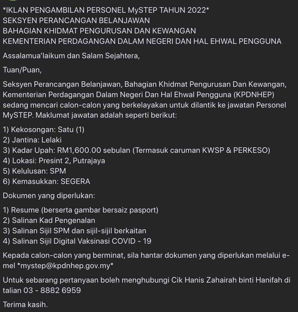 Jawatan Kosong Personel MySTEP Kementerian Perdagangan Dalam Negeri Dan Hal Ehwal Pengguna (KPDNHEP)