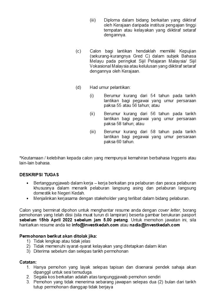 Iklan Jawatan Jawatan Kosong Invest Kedah Berhad • Jawatan Kosong Terkini 9364