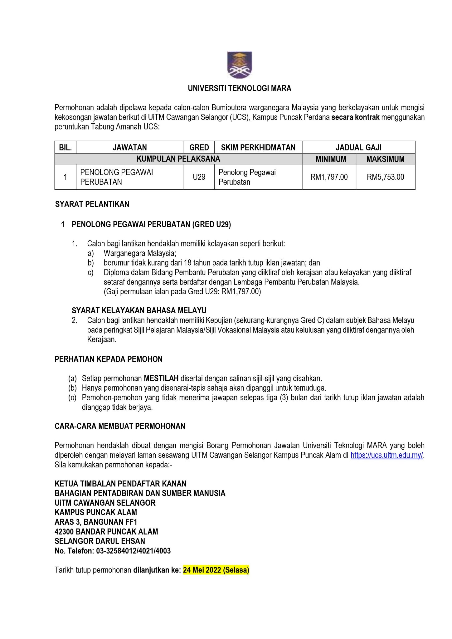 Jawatan Kosong Universiti Teknologi Mara (UiTM) Cawangan Selangor (UCS), Kampus Puncak Perdana