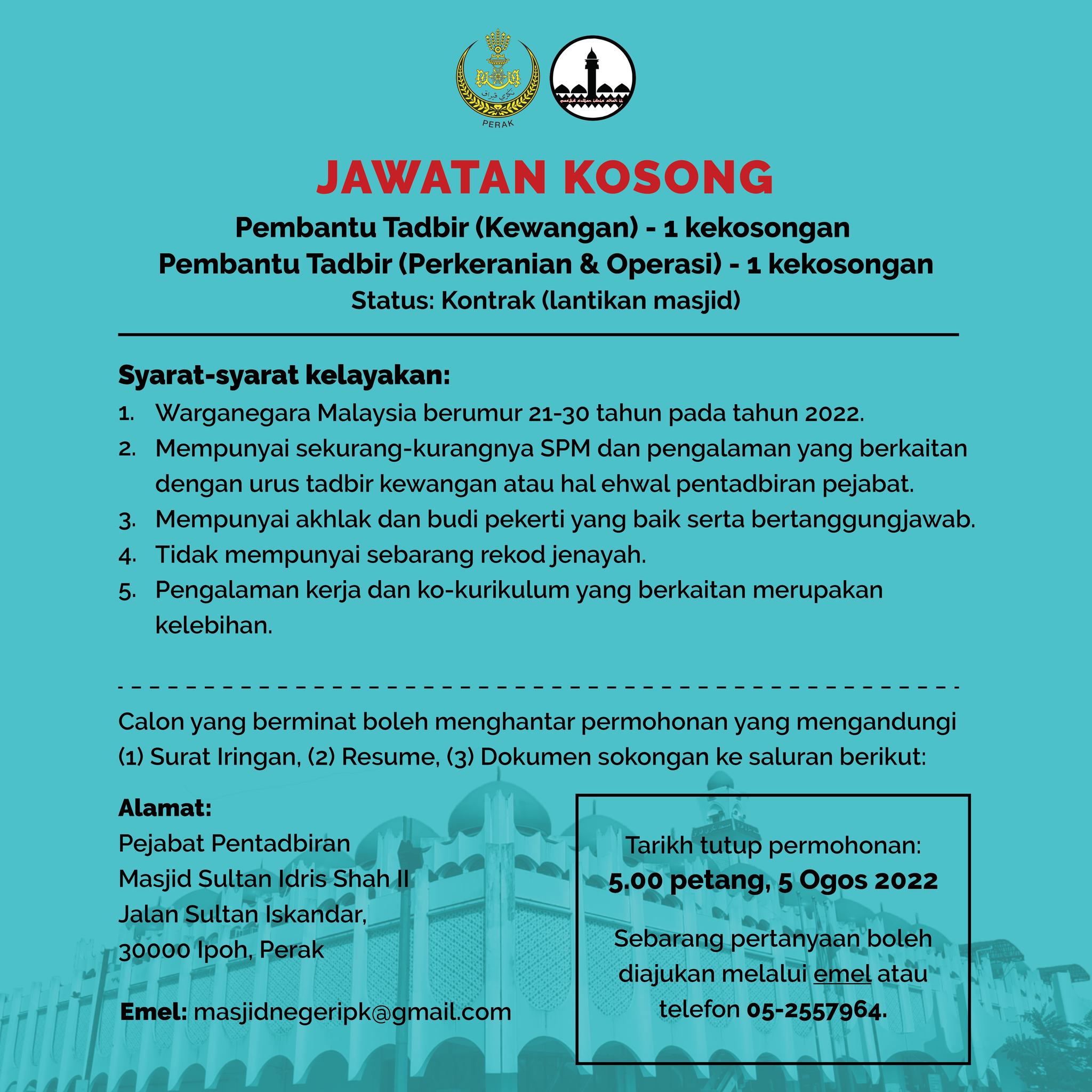 Jawatan Kosong Pembantu Tadbir ~ Masjid Negeri Perak