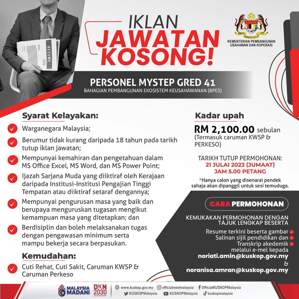 Iklan Jawatan Kementerian Pembangunan Usahawan Dan Koperasi Kuskop Jawatan Kosong Terkini