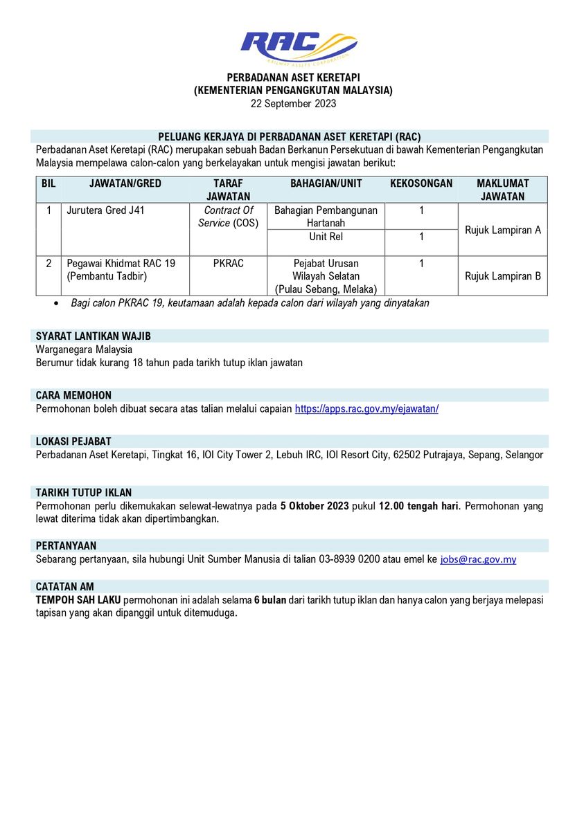 Iklan Jawatan Perbadanan Aset Keretapi Rac Jawatan Kosong Terkini