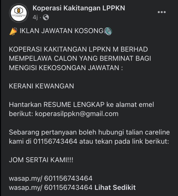 Iklan Jawatan Koperasi Kakitangan Lppkn M Berhad Jawatan Kosong Terkini