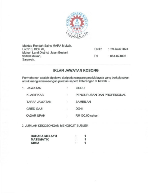 Iklan Kini Jawatan Kosong Maktab Rendah Sains Mara (MRSM) Mukah ...