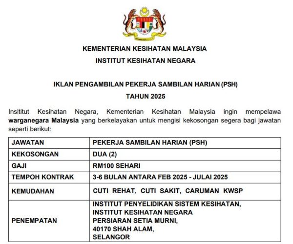 Kini Iklan Jawatan Kosong Institut Kesihatan Negara Jawatan Kosong